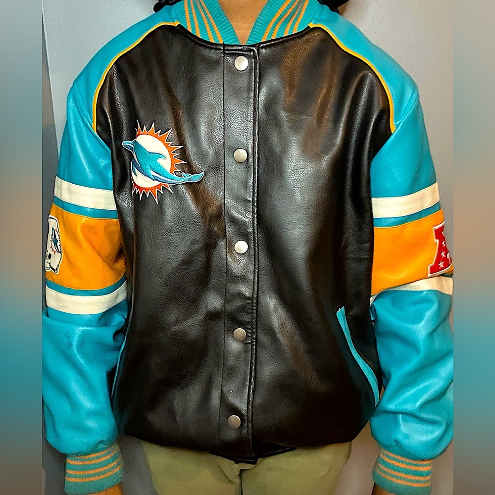 Oversized Lightly worn leather dolphins jacket from NFL website